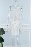 Белое сексуальное лоскутное платье без рукавов с разрезом на спине и косым воротником