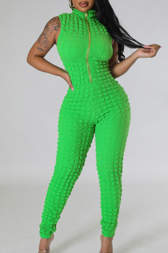 Green Casual Solid Patchwork Zipper O Neck Skinny Jumpsuits
