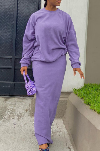 Purple Casual Solid Basic O Neck Long Sleeve Two Pieces
