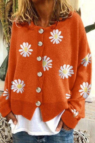 Orange Casual Embroidery Flower Print O Neck Long Sleeve Buttons Knitted Sweater Jackets