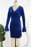 Blauwe casual effen frenulum rugloze jurken met V-hals en lange mouwen