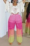 Pantaloni patchwork convenzionali a vita alta regolari con nappe patchwork rosa casual