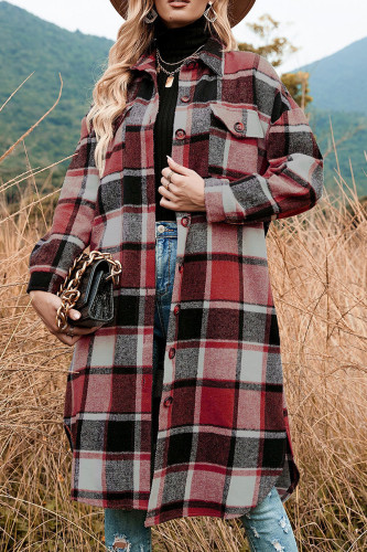 Red Casual Plaid Patchwork Pocket Buckle Turndown Collar Outerwear