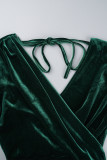Groene casual effen frenulum rugloze jurken met V-hals en lange mouwen