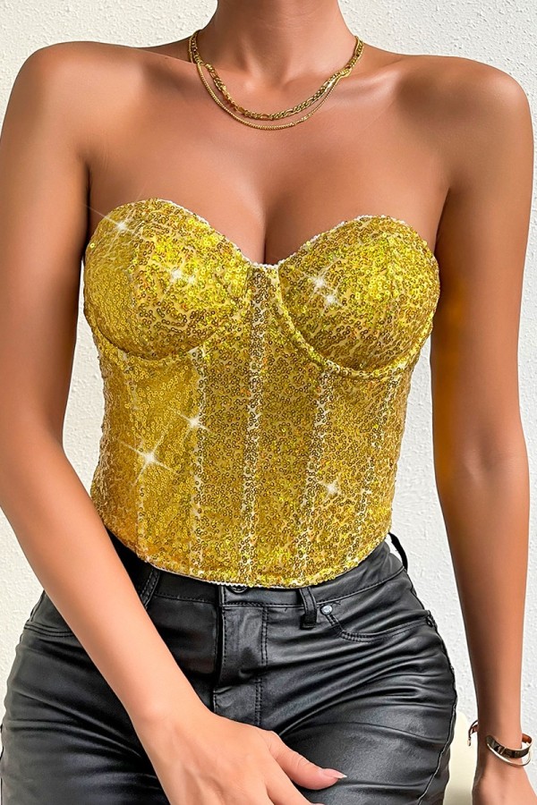 Geel sexy patchwork pailletten backless strapless tops