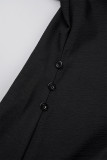 Vestidos de manga comprida preto casual patchwork sólido com gola virada para baixo