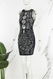 Schwarze sexy Patchwork-Kleider mit heißem Bohren, ausgehöhltem O-Ausschnitt und ärmellosem Kleid