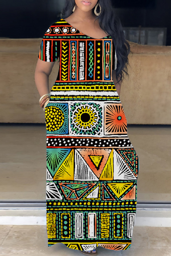 Многоцветный повседневный принт Базовый V-образный вырез Длинное платье Платья