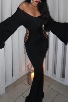 Zwarte casual effen uitgeholde Frenulum lange jurk met V-hals
