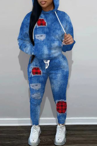 Blue Sportwear Casual Christmas Print Hooded Collar Long Sleeve Sweatshirt And Draw String Pants Two Pieces Sweatsuit Sets