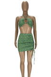 Green Sexy Print Bandage Patchwork Halter Sleeveless Two Pieces