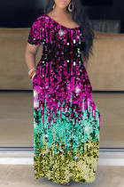 Фуксия Повседневное базовое длинное платье с принтом и V-образным вырезом Платья