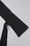 Черные повседневные однотонные лоскутные платья с отложным воротником и длинными рукавами