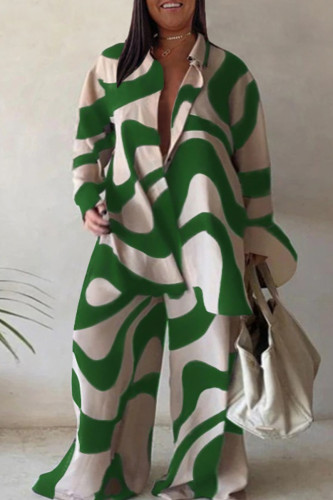 Verde elegante estampa patchwork fivela camisa gola plus size duas peças