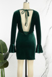 Grön Casual Solid Frenulum Backless V-hals långärmade klänningar