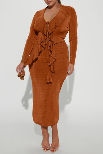 Brown Casual Solid Frenulum V Neck Long Sleeve Two Pieces
