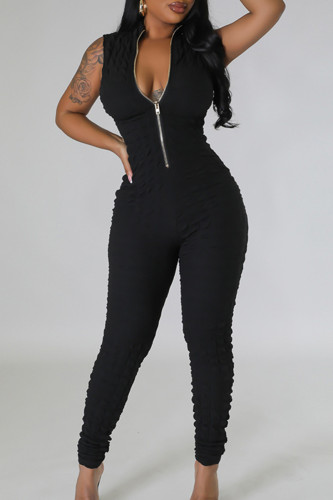Black Casual Solid Patchwork Zipper O Neck Skinny Jumpsuits