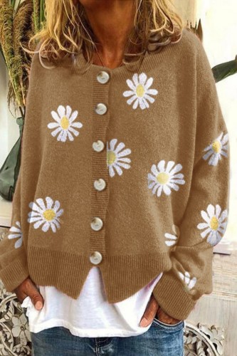 Khaki Casual Embroidery Flower Print O Neck Long Sleeve Buttons Knitted Sweater Jackets