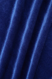 Azul casual sólido frênulo sem costas com decote em V vestidos de manga comprida
