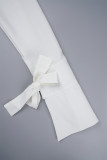 ホワイト カジュアル ソリッド パッチワーク ターンダウン カラー ロング スリーブ ドレス