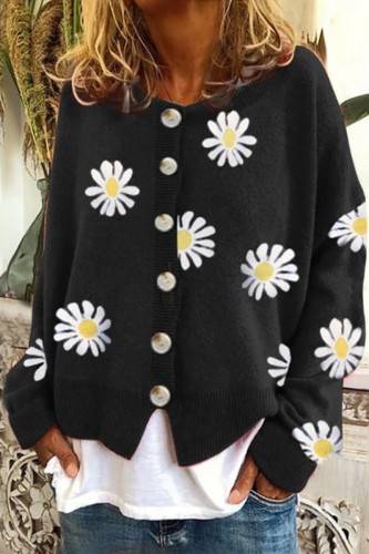 Black Casual Embroidery Flower Print O Neck Long Sleeve Buttons Knitted Sweater Jackets