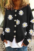 Black Casual Embroidery Buttons O Neck Outerwear