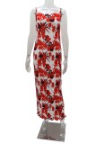 Red Casual Print Backless Spaghetti Strap Long Dress Dresses