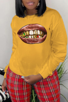 Blusas amarelas casuais de lábios estampados patchwork com gola O