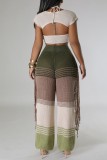Pantalon patchwork décontracté à franges contrastées taille haute régulière vert encre