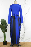 Blue Casual Striped Frenulum V Neck Long Sleeve Two Pieces