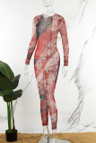 Combinaisons skinny transparentes à imprimé décontracté rouge à col rond