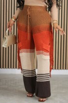 Pantalon Patchwork décontracté à pompon contrasté, taille haute, décontracté, marron et rouge