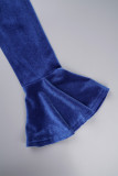 Azul casual sólido frênulo sem costas com decote em V vestidos de manga comprida