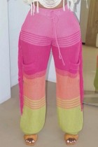 Pantalon patchwork décontracté à pampilles contrastées taille haute régulière rose