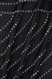 Schwarze sexy Patchwork-Quasten-Hot-Drill-Kleider mit V-Ausschnitt und Wickelrock