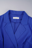 Patchwork solido casual blu scuro con abiti a maniche lunghe con colletto rovesciato e cintura