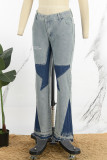 Light Blue Casual Print Patchwork High Waist Regular Denim Jeans