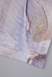 Damasco casual estampado transparente com decote em O vestidos de manga comprida