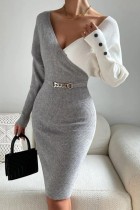 Grey Casual Patchwork Contrast V Neck Long Sleeve Dresses