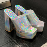 Серебряные повседневные туфли на танкетке в стиле пэчворк с квадратным вырезом (высота каблука 5.12 дюйма)