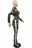 Green Street Camouflage Print Letter Zipper Collar Long Sleeve Two Pieces