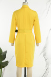 Patchwork sólido casual amarelo com cinto vestidos de manga comprida com gola aberta