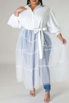 Белое повседневное однотонное лоскутное платье-рубашка с отложным воротником и уздечкой Платья больших размеров