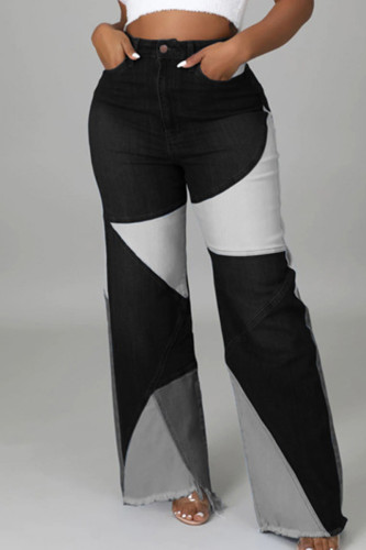 Zwarte Street Color Block Patchwork Zakknopen Contrasterende Rits Hoge Taille Losse Denim Jeans
