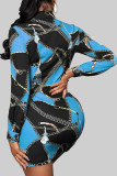 Blaue sexy bedruckte Kleider mit Patchwork-Schnalle und Hemdkragen