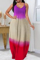 Фиолетовое сексуальное повседневное длинное платье с принтом на тонких бретельках