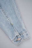 Голубая повседневная джинсовая куртка с отложным воротником и длинными рукавами в стиле пэчворк с заклепками