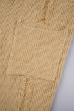 Khaki Casual Solid Tassel Patchwork Pocket Cardigan Collar Outerwear