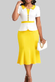 Бело-желтые сексуальные цветные блок-платья в стиле пэчворк на пуговицах с разрезом и отложным воротником, платья принцессы