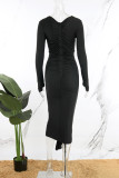 Vestidos de manga larga con cuello en V y pliegues de retazos sólidos casuales negros